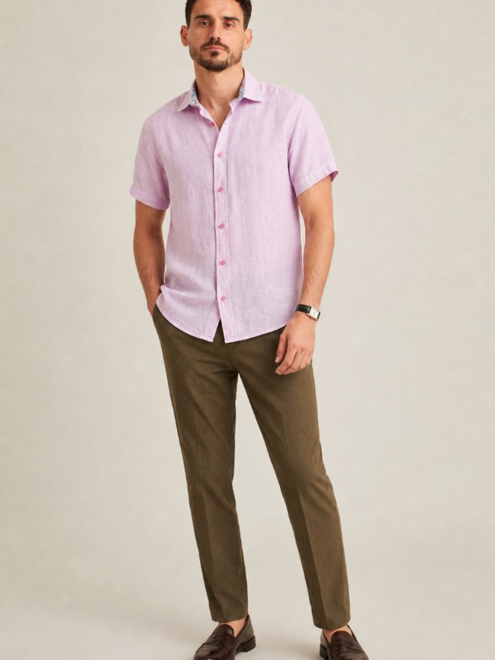 Bertigo Men’s S Pink 100% Linen Short Sleeve Button Up Shirt Summer Casual Smart